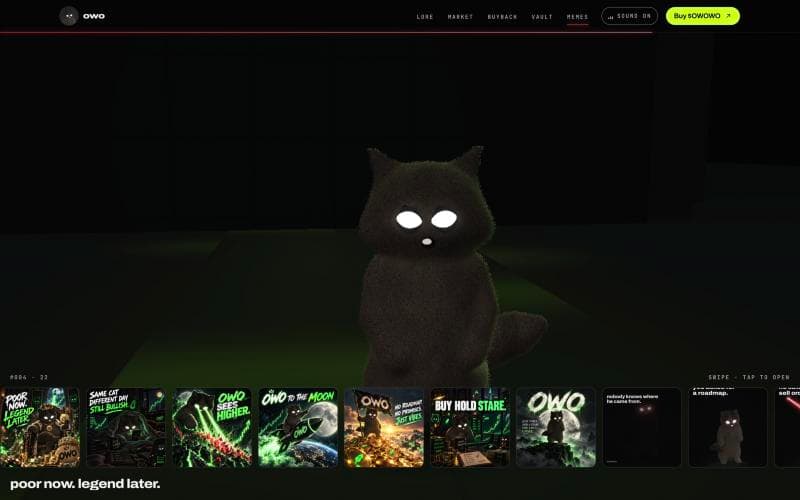 OWO CAT website: the cat in the green-lit meme vault above a strip of OWO memes