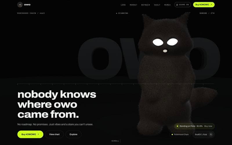 OWO CAT website: the furry black cat with glowing white eyes beside the headline “nobody knows where owo came from.”