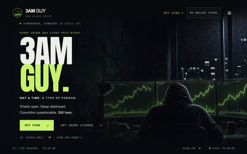 3AM GUY website: a hooded trader in front of three glowing charts at night, beside the headline “3AM GUY.”