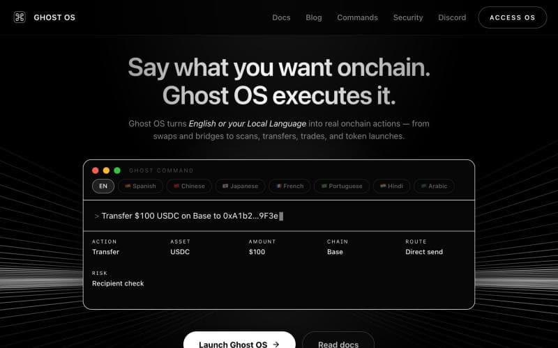 Ghost OS website: the command interface parsing “Transfer $100 USDC on Base” into action, asset, amount, chain and route