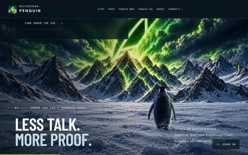PENGUIN website: a penguin on the ice under a green aurora, with the line “Less talk. More proof.”