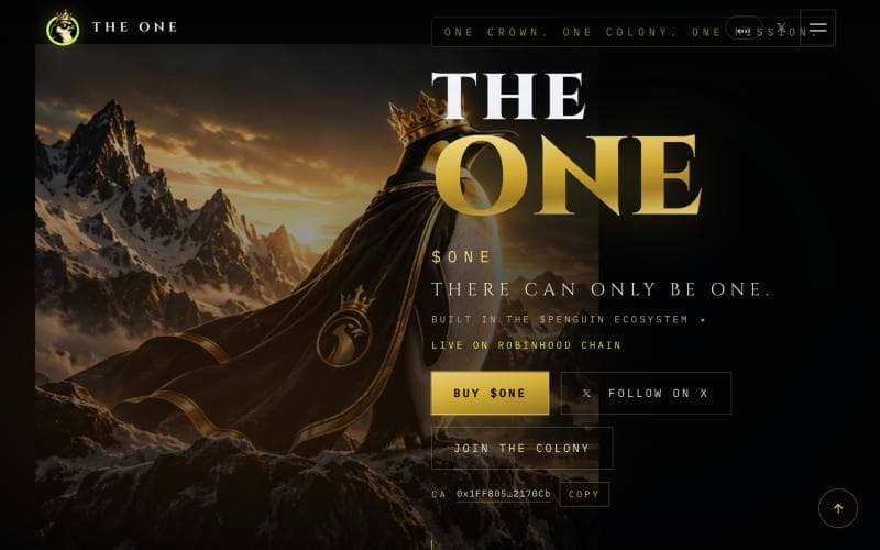THE ONE website: the crowned penguin king above the mountains, beside the headline “There can only be one”
