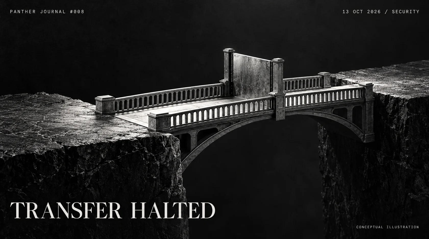 PANTHER JOURNAL #008: conceptual monochrome illustration of a bridge blocked by a barrier, titled TRANSFER HALTED.