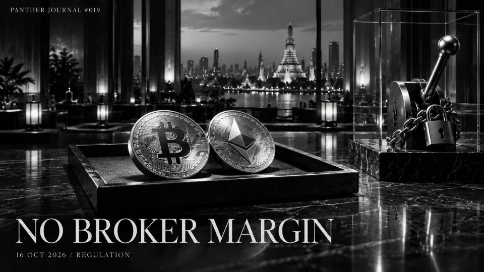 Panther Journal #019 conceptual monochrome illustration: Bitcoin and Ether tokens on a tray beside a locked lending lever, representing Thailand’s broker margin restriction.