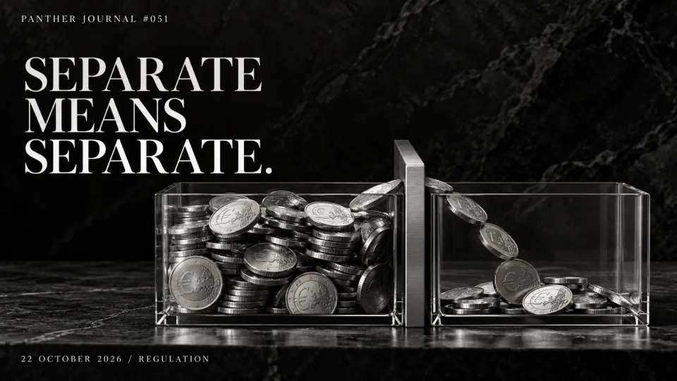 Panther Journal #051 conceptual monochrome illustration: euro coins crossing a divider between glass compartments. SEPARATE MEANS SEPARATE.