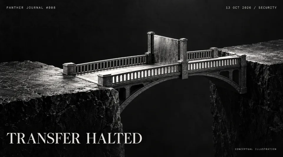 PANTHER JOURNAL #008: conceptual monochrome illustration of a bridge blocked by a barrier, titled TRANSFER HALTED.
