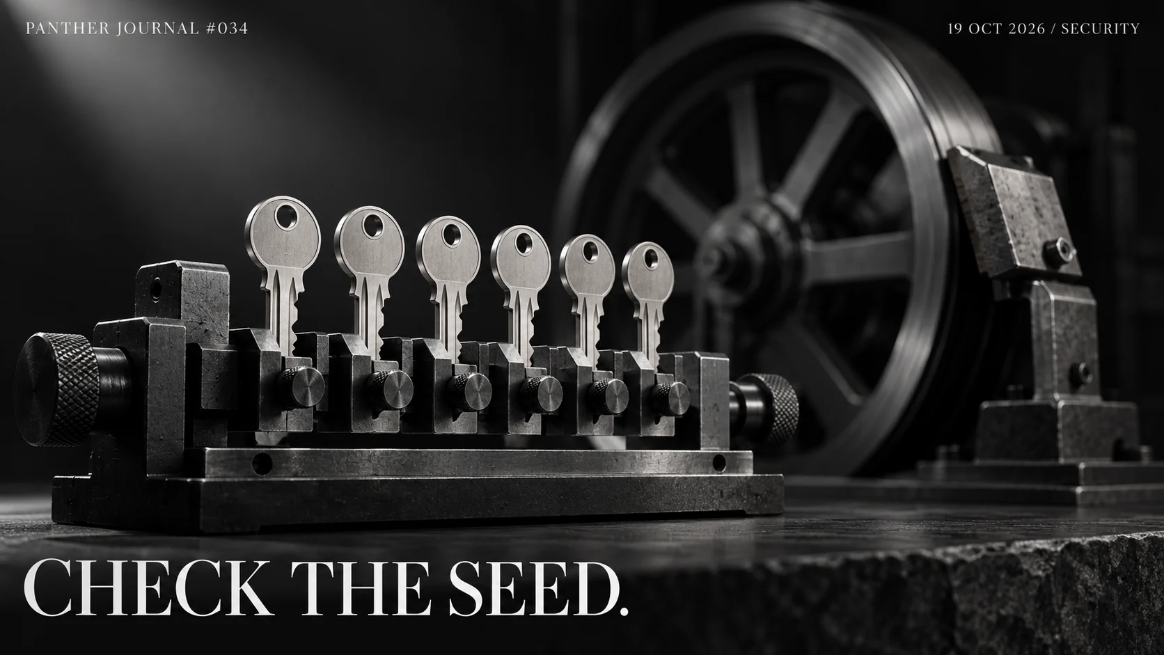 Panther Journal #034 conceptual monochrome illustration: similar silver keys held in a cutting jig beside a halted flywheel. CHECK THE SEED.