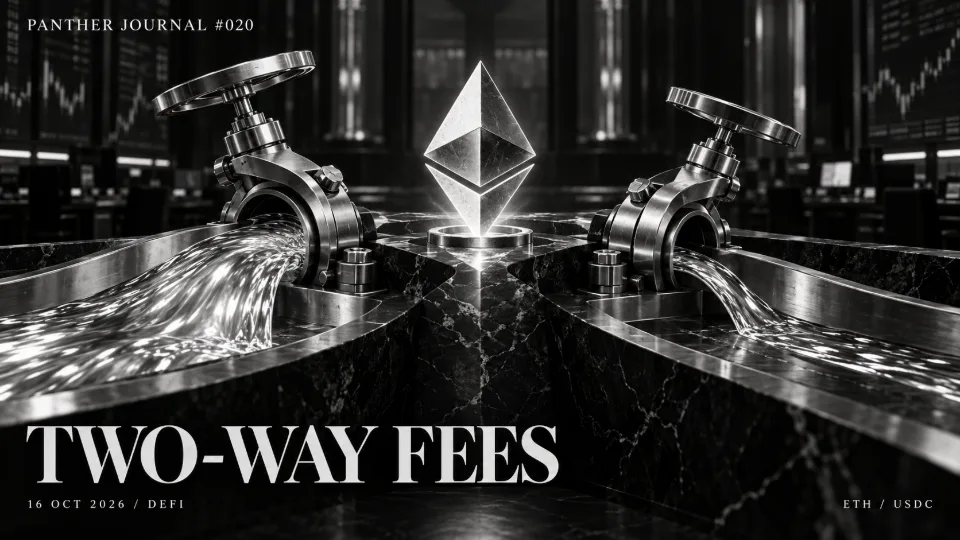 Panther Journal #020 conceptual monochrome illustration: an Ether symbol between two separately controlled silver valves, representing directional ETH/USDC fees.