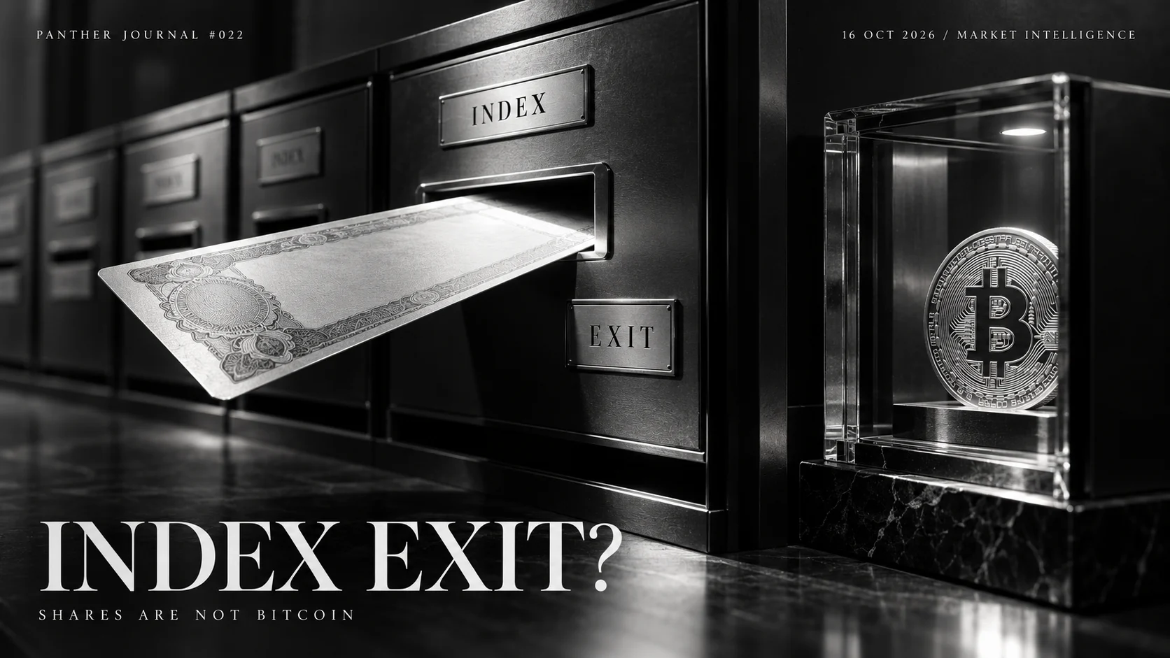 Panther Journal #022 conceptual monochrome illustration: a stock certificate exits an index cabinet while Bitcoin remains in a separate glass vault.
