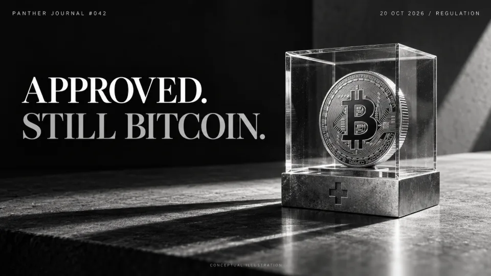 Panther Journal #042 conceptual monochrome illustration: a silver Bitcoin coin inside a glass fund enclosure on a Swiss-cross base. APPROVED. STILL BITCOIN.