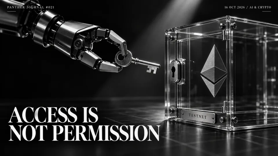 Conceptual Panther Journal #021 illustration: a robotic gripper holds a key beside a glass Ethereum wallet box marked TESTNET; access is not permission.