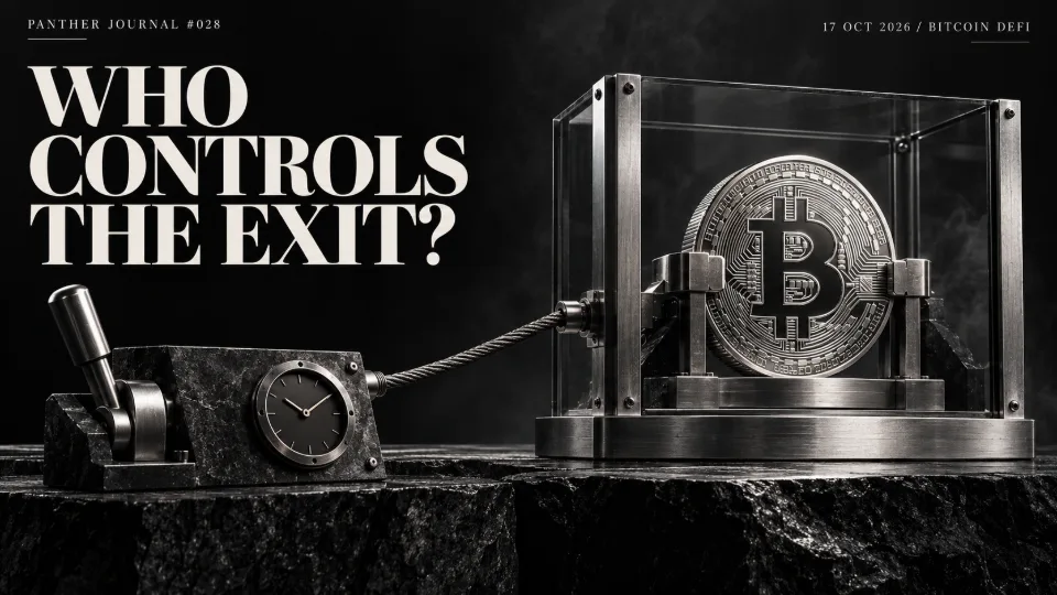 Panther Journal #028 conceptual monochrome illustration: a Bitcoin coin held in an anchored glass vault is connected to a separate release lever and clock. WHO CONTROLS THE EXIT?