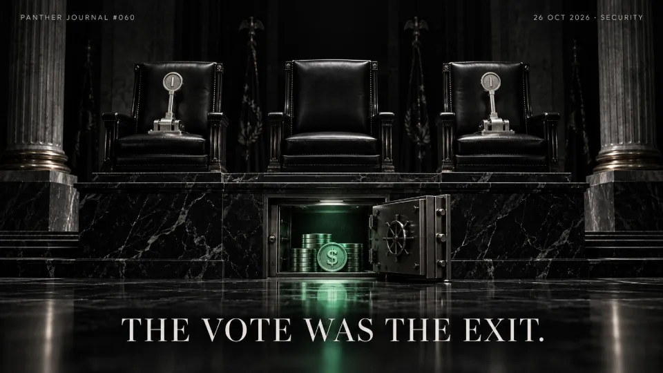 PANTHER JOURNAL #060: conceptual illustration of three Senate seats, two silver voting keys and an open vault with restrained green light. THE VOTE WAS THE EXIT.
