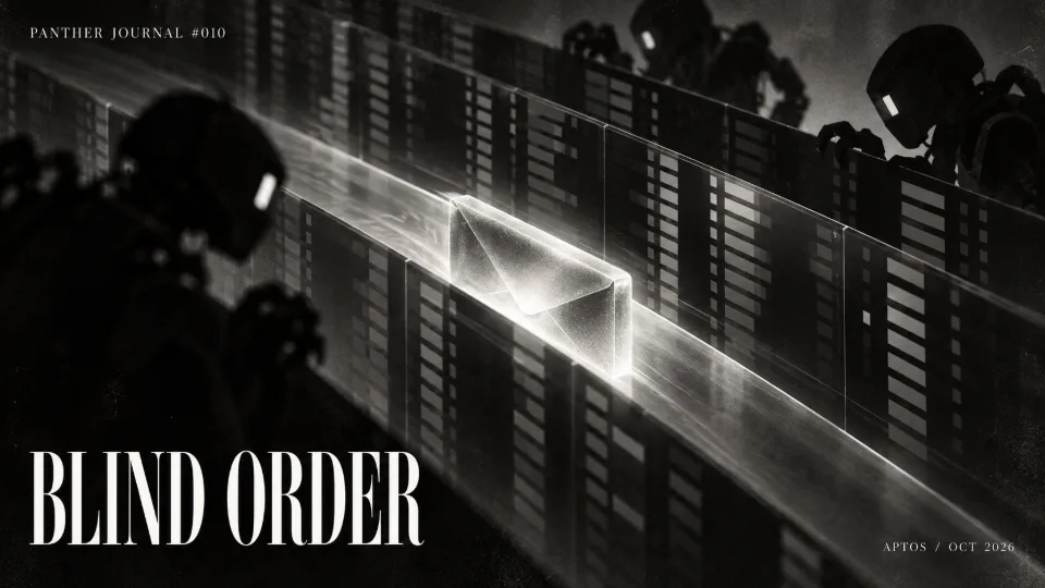 PANTHER JOURNAL #010 conceptual monochrome cover: a sealed transaction passes unseen through shadowed trading bots; text reads BLIND ORDER.
