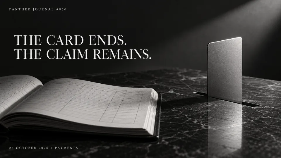 Panther Journal #050 conceptual monochrome illustration: a silver payment card in a closing slot beside an open ledger. THE CARD ENDS. THE CLAIM REMAINS.