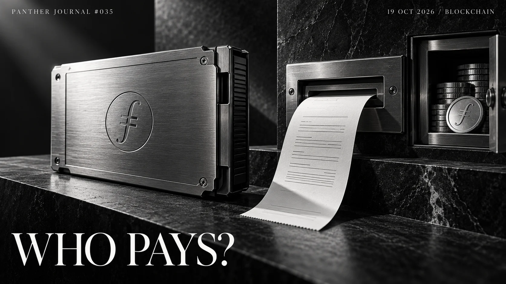 Panther Journal #035 conceptual monochrome illustration: an archival data cartridge, a payment receipt and a separate token compartment. WHO PAYS?