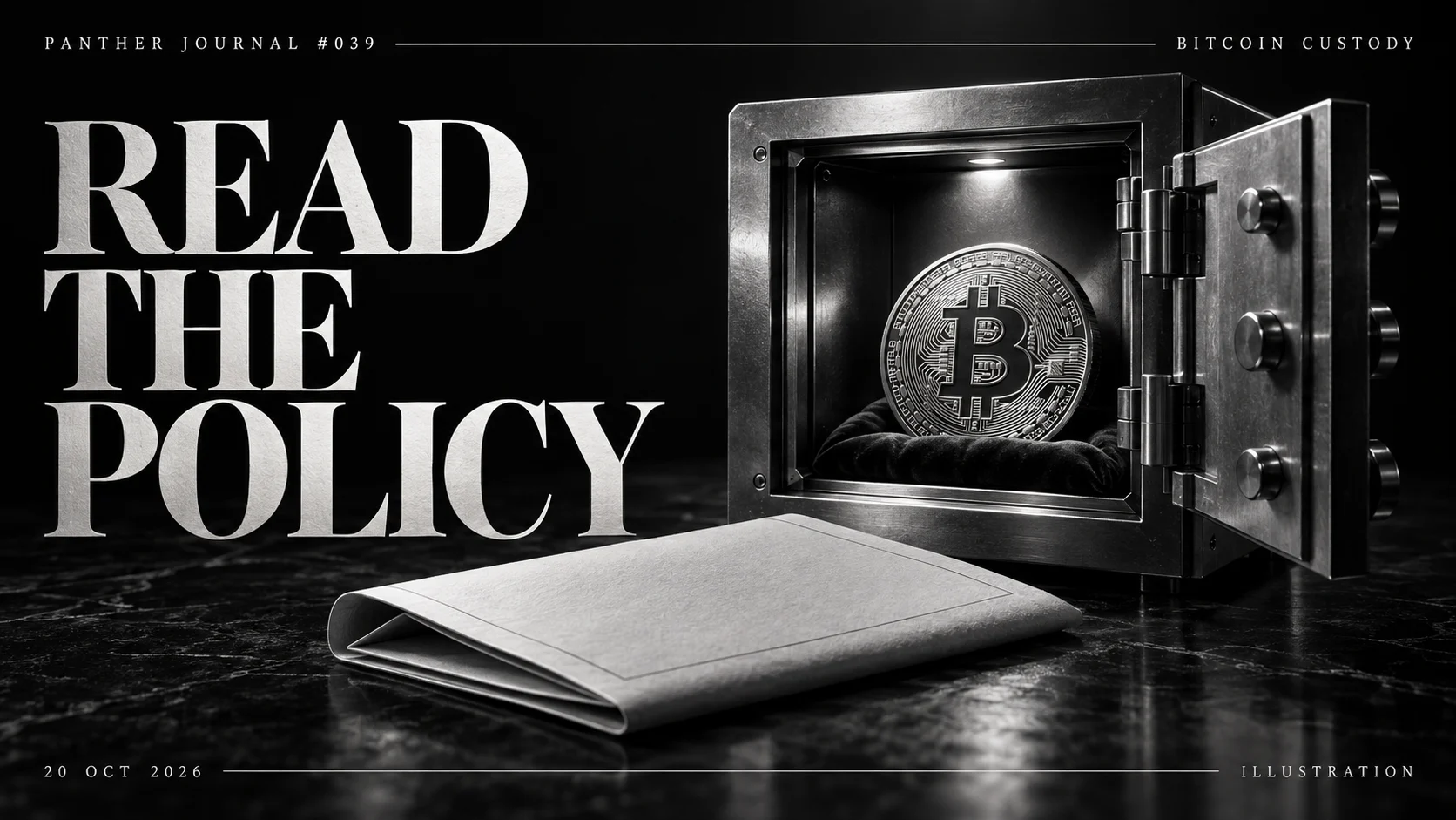 Panther Journal #039 conceptual monochrome illustration: a silver Bitcoin coin inside an open steel vault beside a blank folded policy sheet. READ THE POLICY.