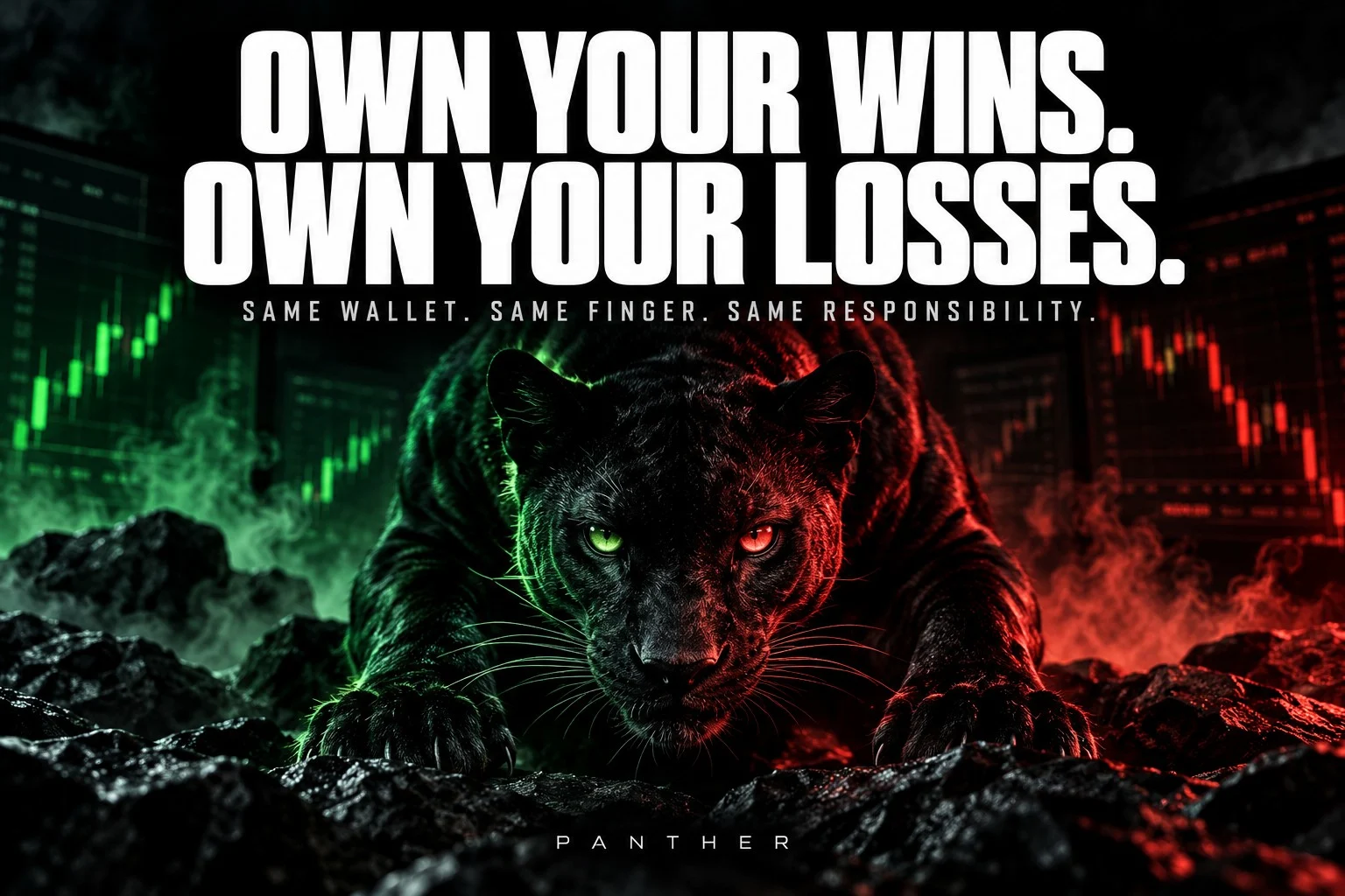 Conceptual Panther illustration: a black panther between decorative green and red candlestick charts beneath “Own your wins. Own your losses.”