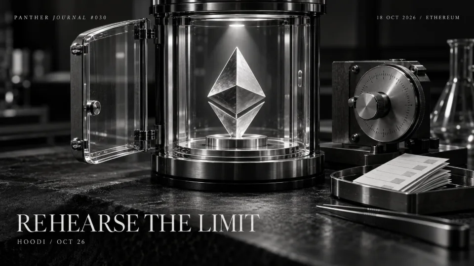 Panther Journal #030 conceptual monochrome illustration: an Ethereum diamond inside a glass test chamber beside a mechanical dial and paper test strips. REHEARSE THE LIMIT.
