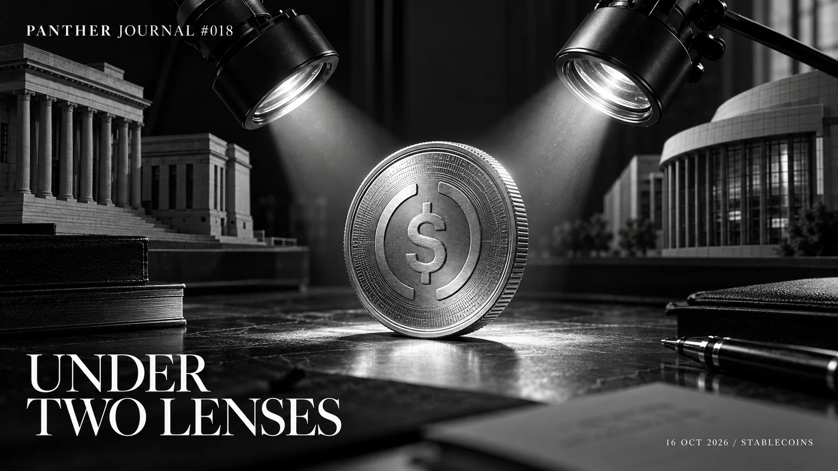 Panther Journal #018 conceptual monochrome illustration: a silver dollar token beneath two inspection lamps, representing dual EU supervision.