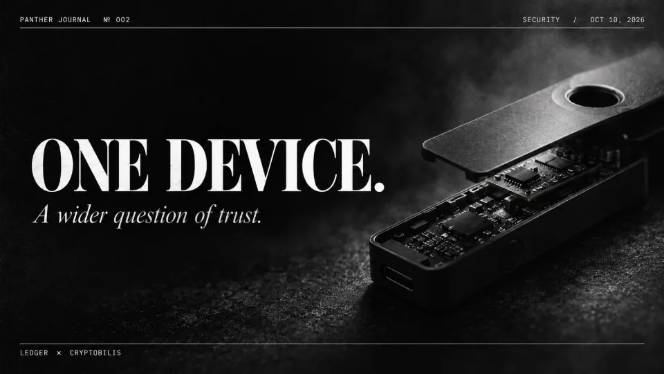 Panther Journal №002 cover, dated October 10, 2026: conceptual monochrome opened hardware wallet titled “One Device”; a single unauthorized implant is confirmed, with broader scope unresolved.