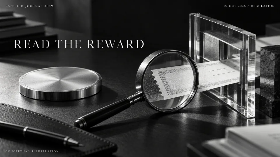 Panther Journal #049 conceptual monochrome illustration: a silver stablecoin disc beside a reward coupon under a magnifying glass and inspection gate. READ THE REWARD.