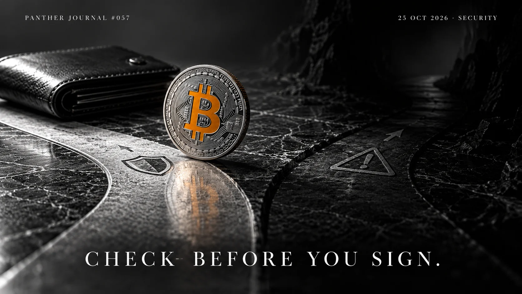 PANTHER JOURNAL #057: AI-generated conceptual illustration of an orange Bitcoin symbol beside a wallet and diverging payment paths. CHECK BEFORE YOU SIGN.