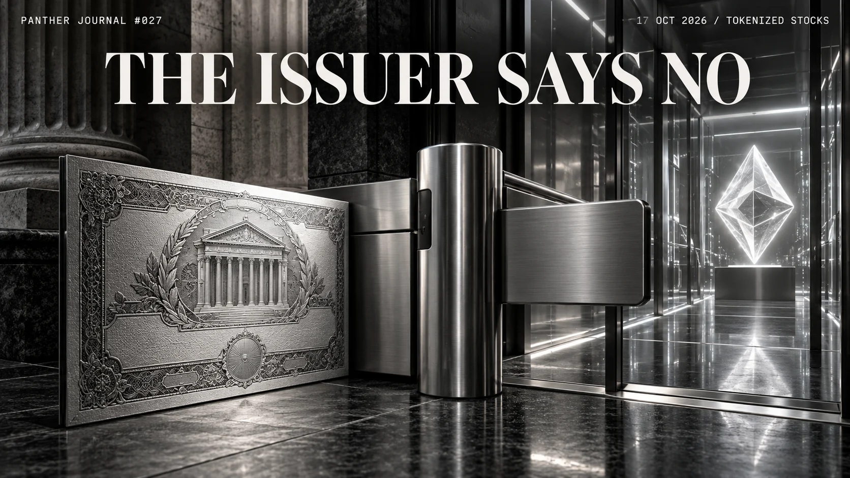 Panther Journal #027 conceptual monochrome illustration: a silver stock certificate stops at a closed turnstile beside an abstract token behind glass. THE ISSUER SAYS NO.