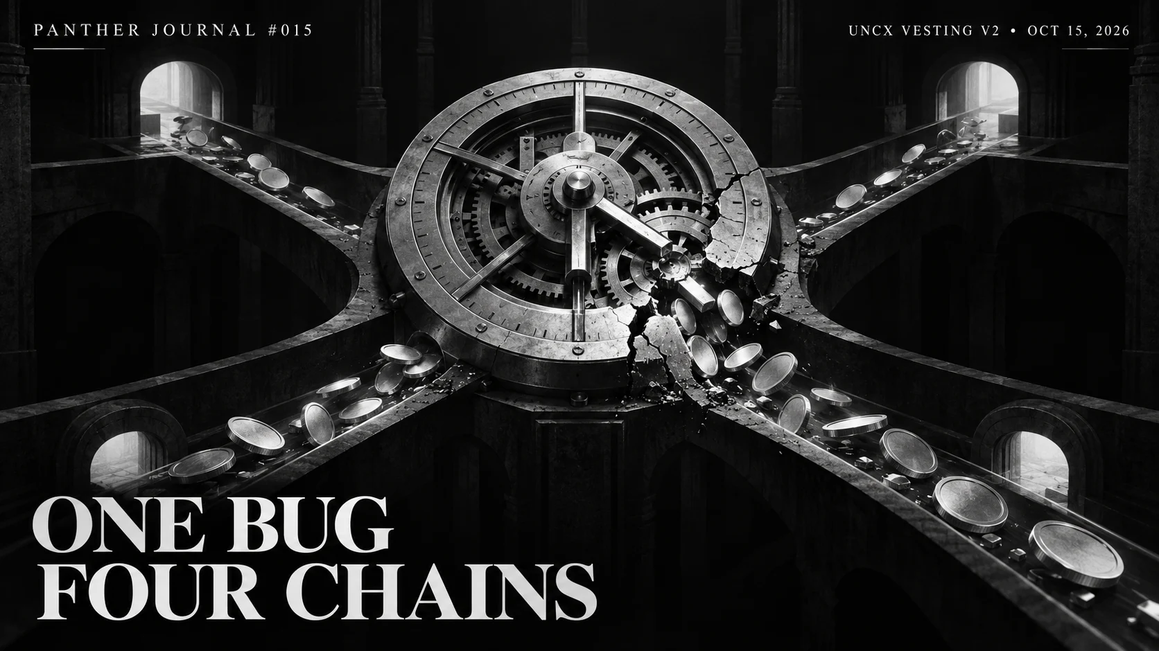 Panther Journal #015 conceptual monochrome illustration of a cracked vesting clock spilling token discs into four chain lanes, symbolizing the UNCX Vesting V2 exploit.