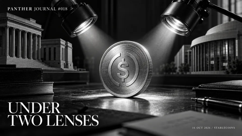 Panther Journal #018 conceptual monochrome illustration: a silver dollar token beneath two inspection lamps, representing dual EU supervision.