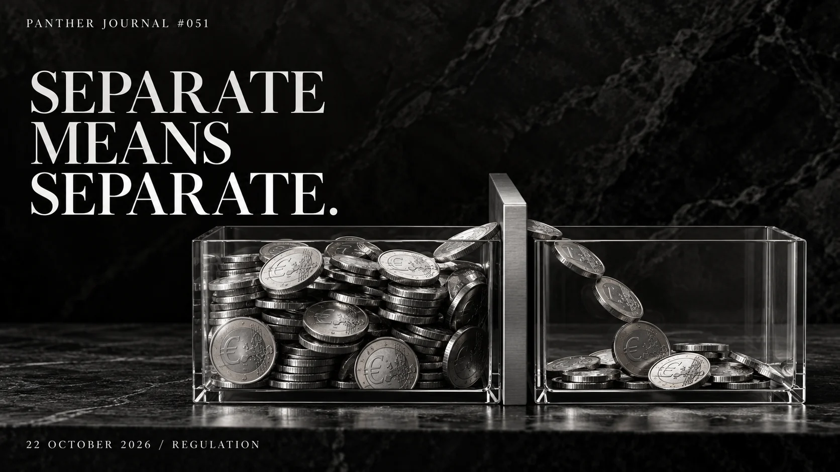 Panther Journal #051 conceptual monochrome illustration: euro coins crossing a divider between glass compartments. SEPARATE MEANS SEPARATE.