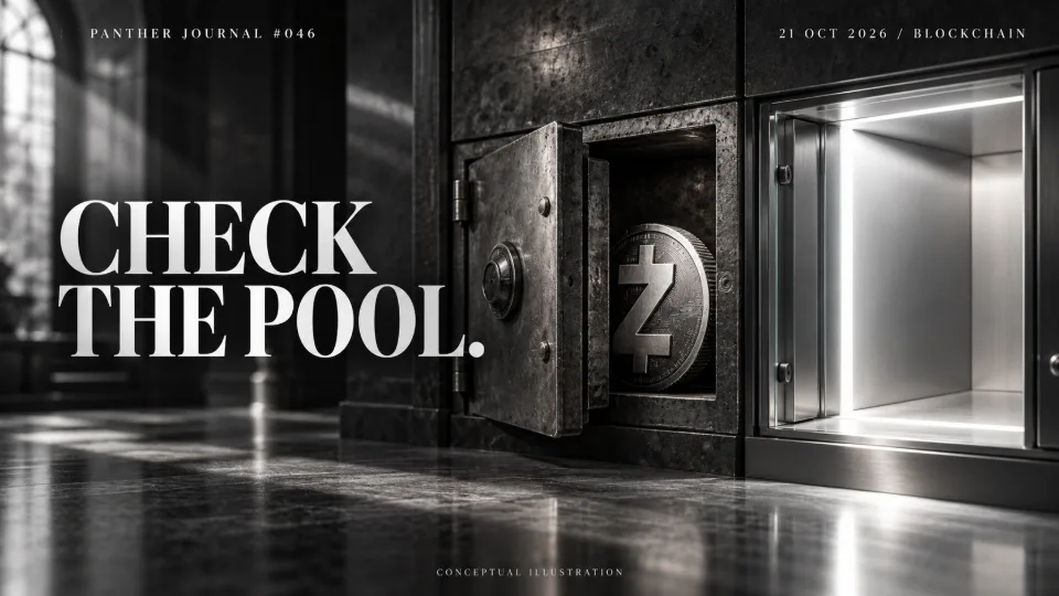 Panther Journal #046 conceptual monochrome illustration: a Zcash coin in an old vault compartment beside a modern open compartment. CHECK THE POOL.