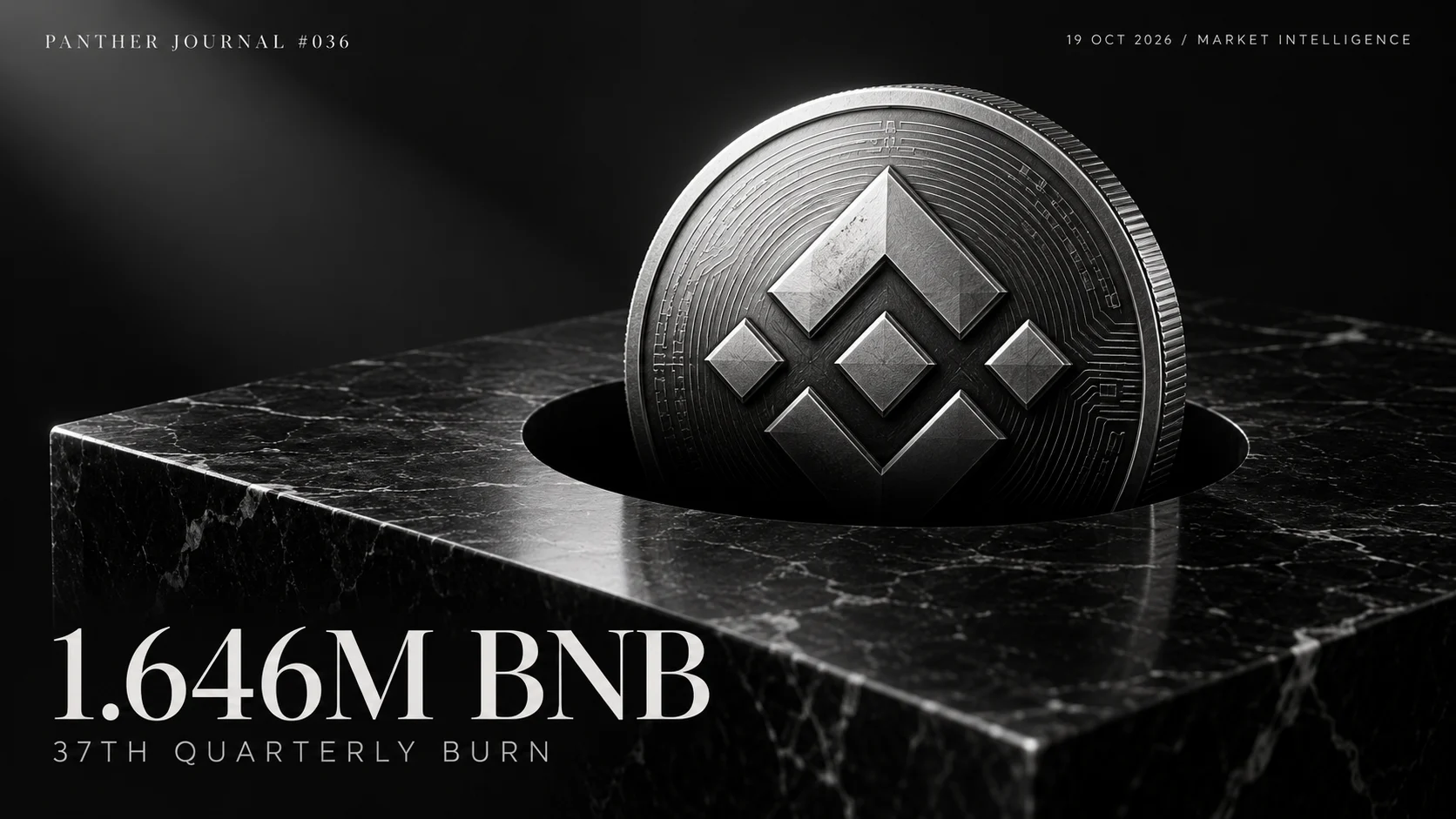 Panther Journal #036 conceptual monochrome illustration for the 37th BNB burn: a silver BNB coin sinks into a black aperture. Label: 1.646M BNB.