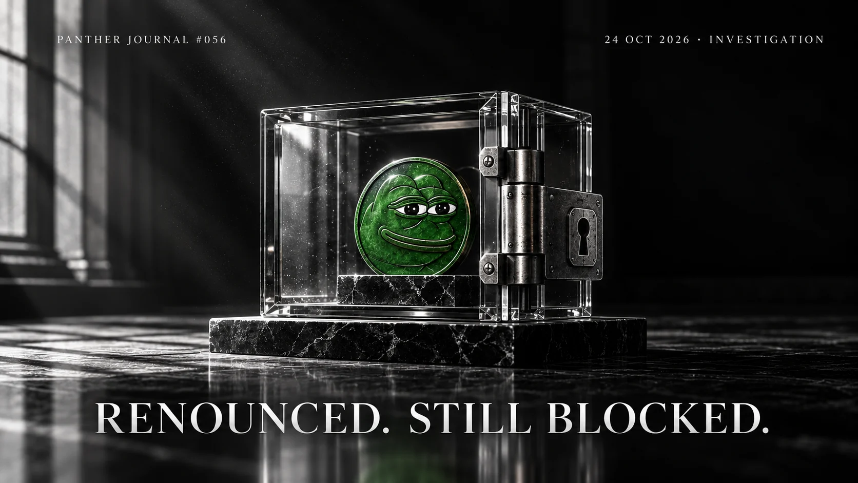 PANTHER JOURNAL #056: AI-generated conceptual illustration of a PEPE-green frog medallion in a locked glass enclosure. RENOUNCED. STILL BLOCKED.