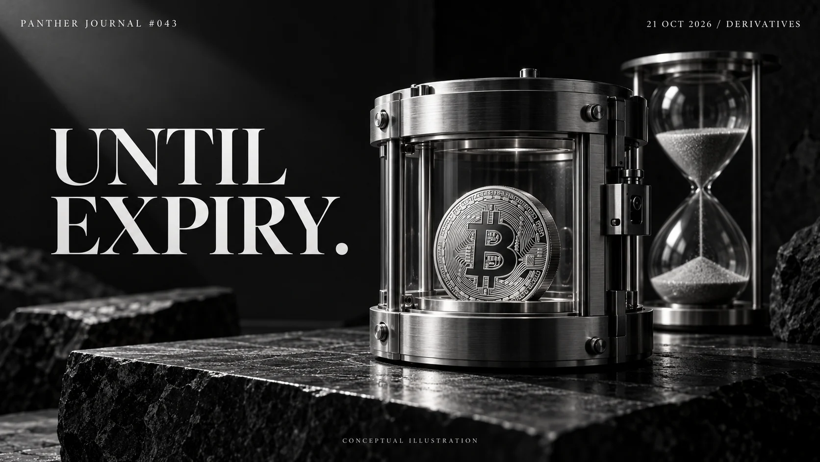 Panther Journal #043 conceptual monochrome illustration: a silver Bitcoin coin in a time-release chamber beside an hourglass. UNTIL EXPIRY.