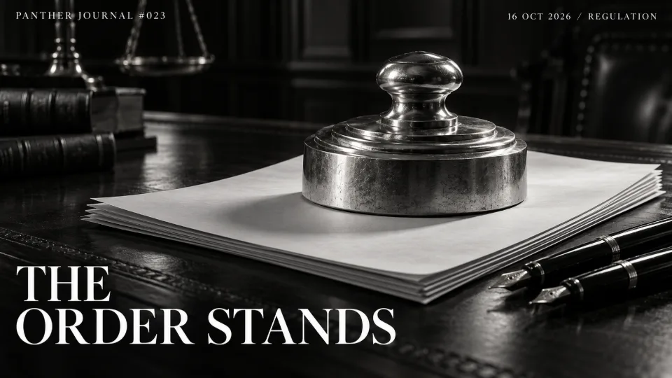 Panther Journal #023 conceptual monochrome illustration: a heavy silver paperweight holds a court document in place beside two pens. The order stands.