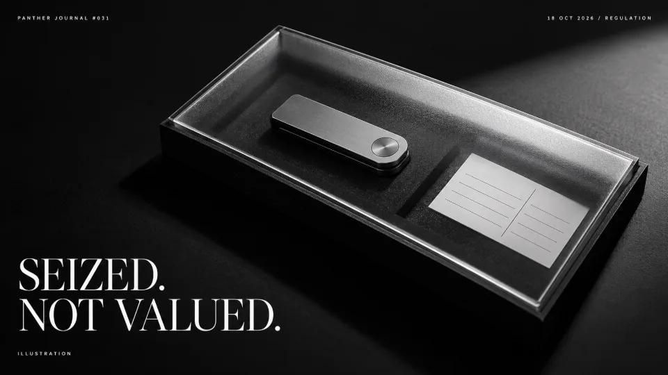 Panther Journal #031 conceptual monochrome illustration: an unbranded wallet device lies in a covered evidence tray beside a blank inventory card. SEIZED. NOT VALUED.
