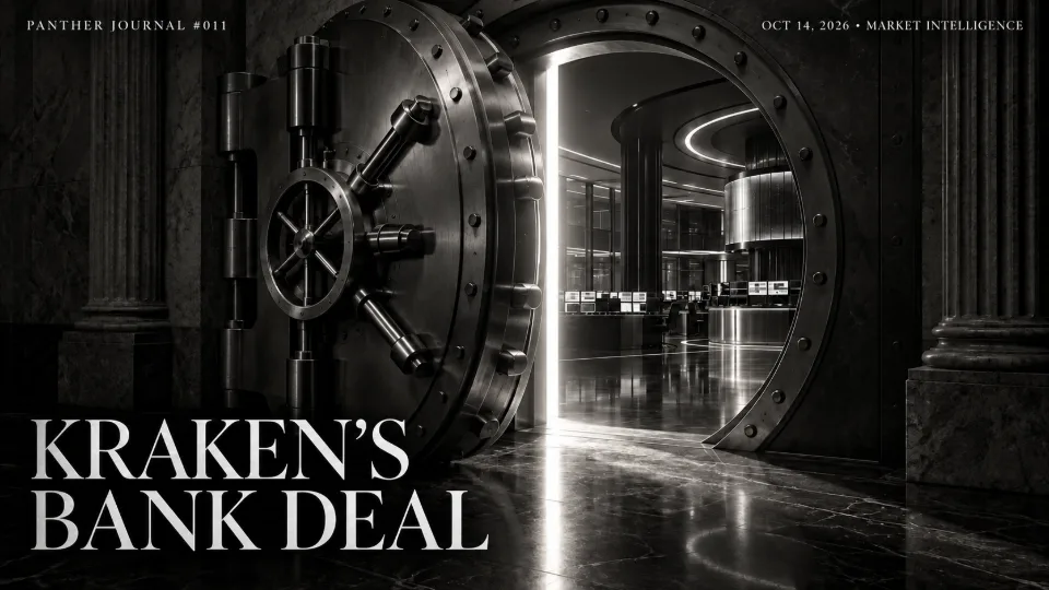Conceptual monochrome illustration of a bank vault opening toward a digital trading floor, marked PANTHER JOURNAL #011 and Kraken’s Bank Deal.