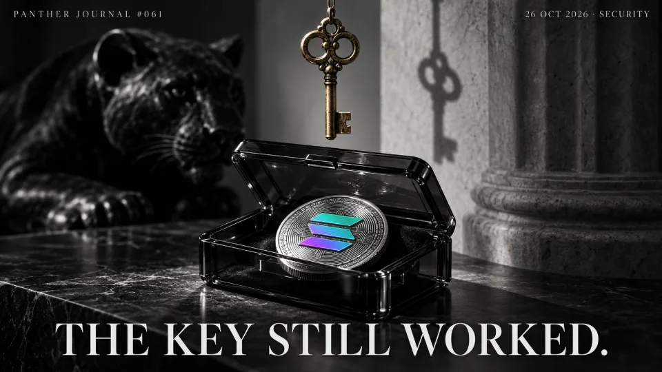PANTHER JOURNAL #061: conceptual illustration of a Solana coin in a black glass wallet beneath an old key. THE KEY STILL WORKED.