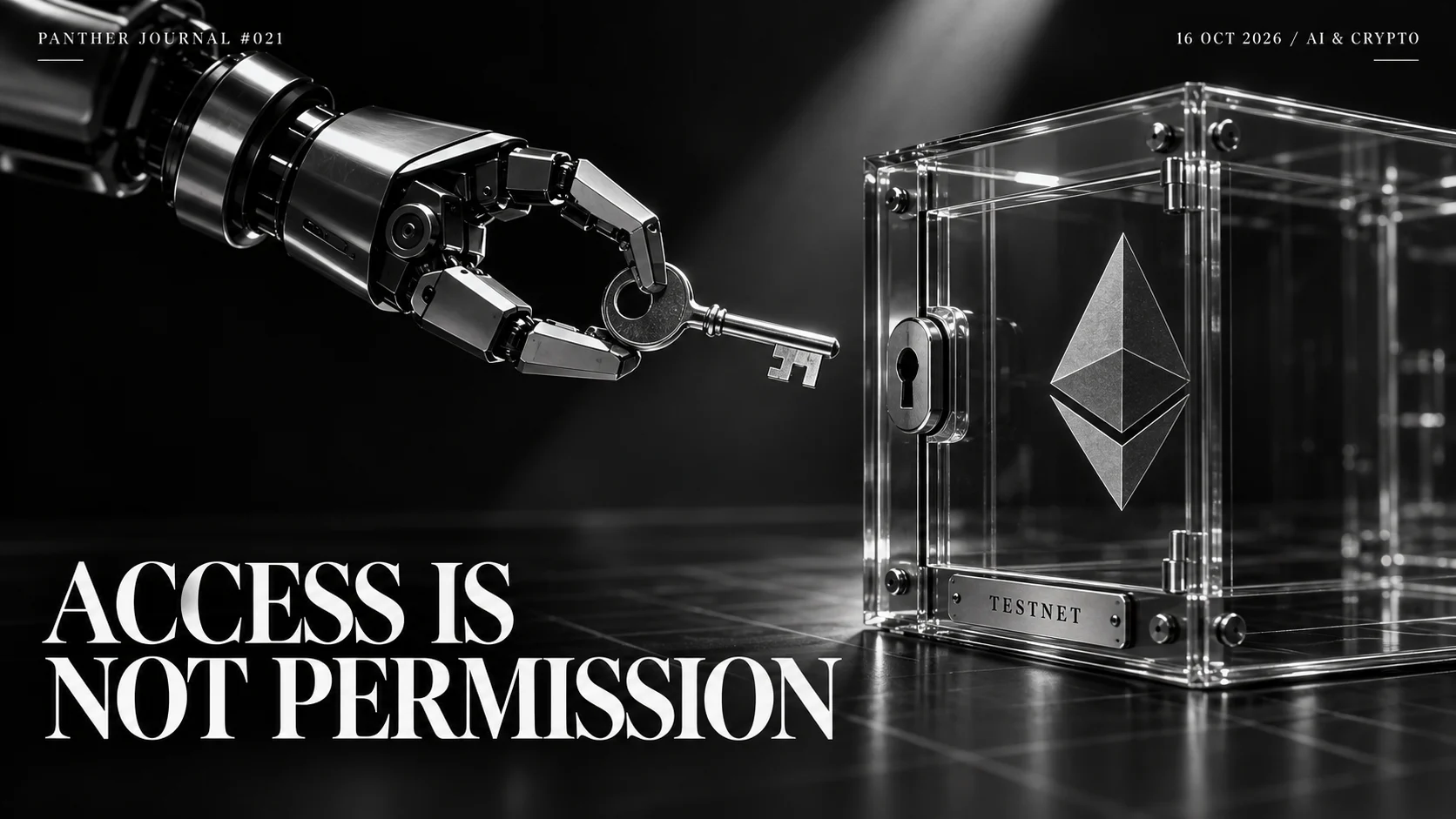 Conceptual Panther Journal #021 illustration: a robotic gripper holds a key beside a glass Ethereum wallet box marked TESTNET; access is not permission.