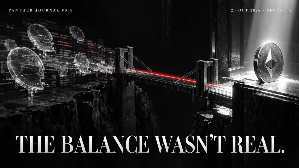 PANTHER JOURNAL #058: conceptual illustration of ghost balances crossing a red-lit bridge into a silver Ethereum coin. THE BALANCE WASN’T REAL.