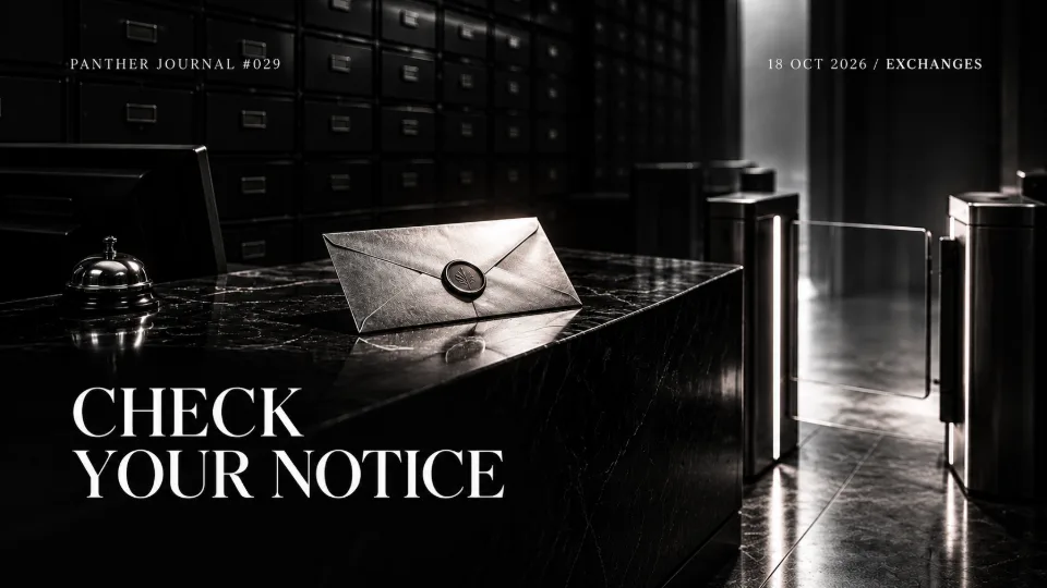 Panther Journal #029 conceptual monochrome illustration: a sealed silver envelope rests on an exchange service counter beside an open exit gate. CHECK YOUR NOTICE.