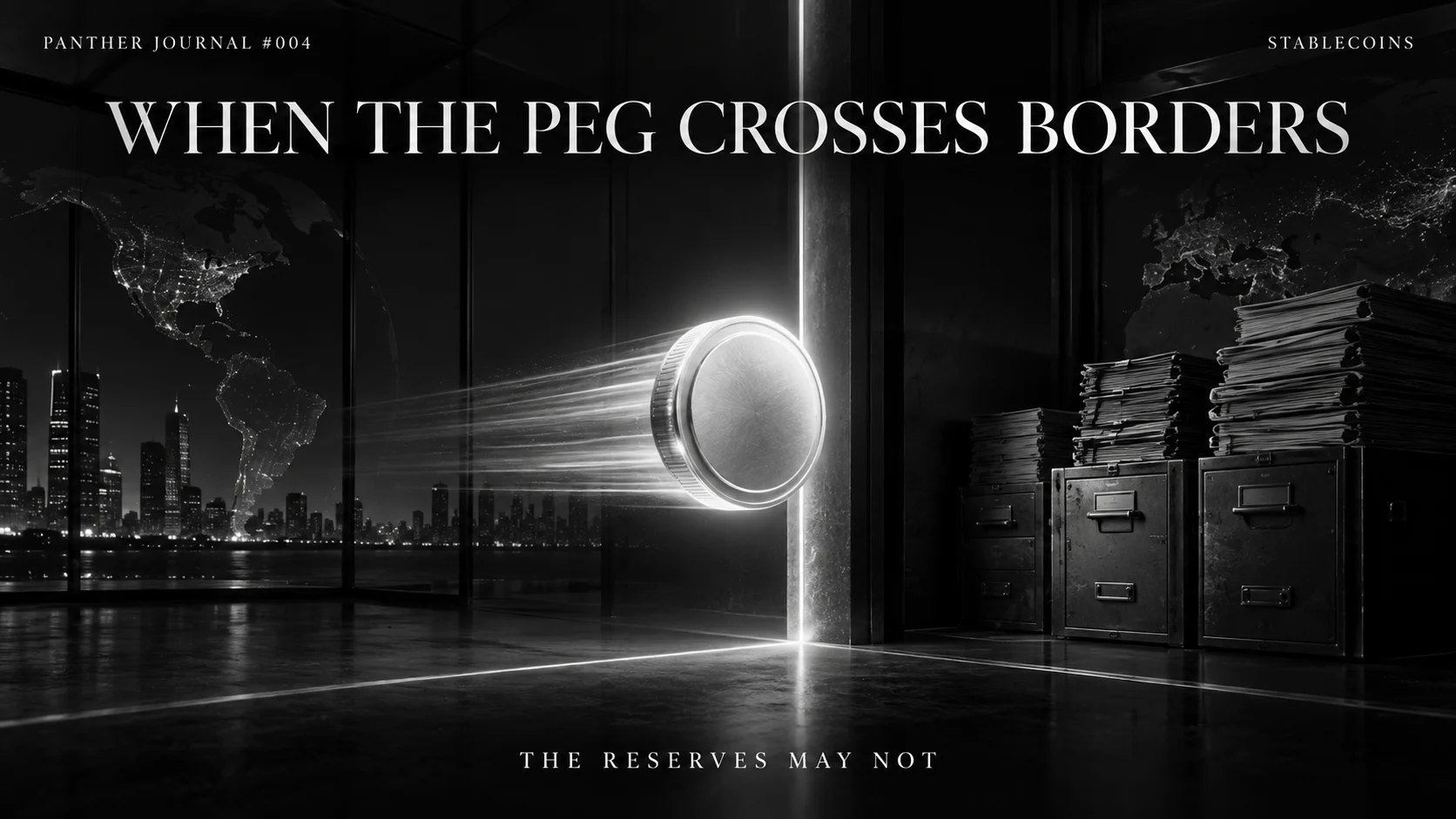 Conceptual monochrome Panther Journal #004 illustration of a stablecoin crossing a border while reserve records remain on the other side.