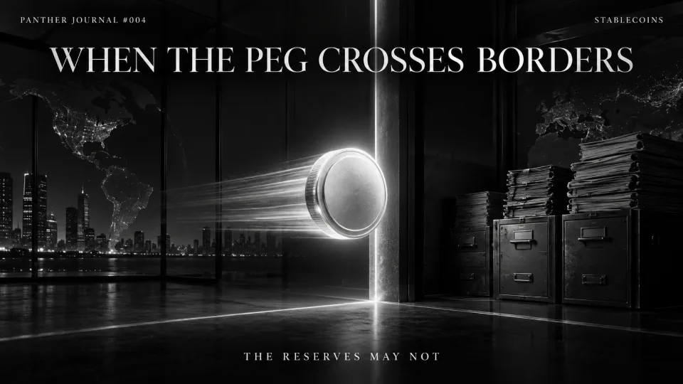 Conceptual monochrome Panther Journal #004 illustration of a stablecoin crossing a border while reserve records remain on the other side.