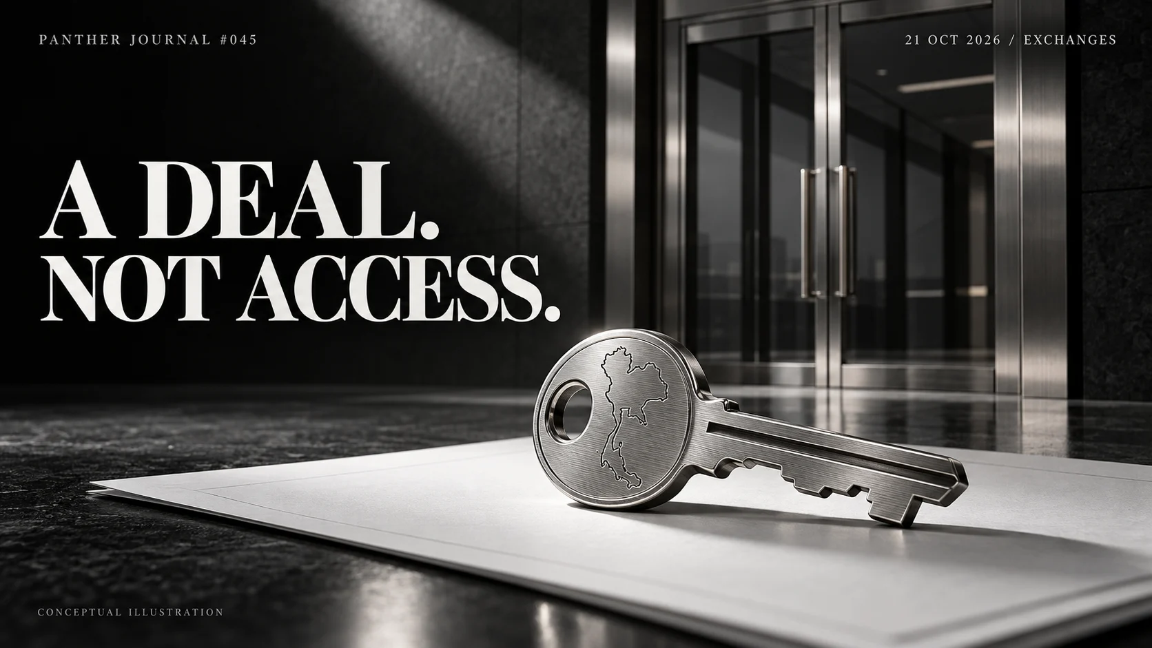 Panther Journal #045 conceptual monochrome illustration: a silver key engraved with Thailand’s outline lies before a closed glass door. A DEAL. NOT ACCESS.