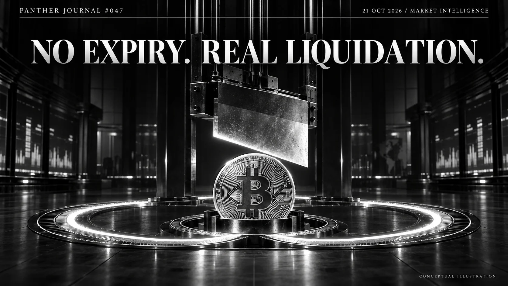 Panther Journal #047 conceptual monochrome illustration: a Bitcoin coin on an infinity track beneath a descending liquidation blade. NO EXPIRY. REAL LIQUIDATION.