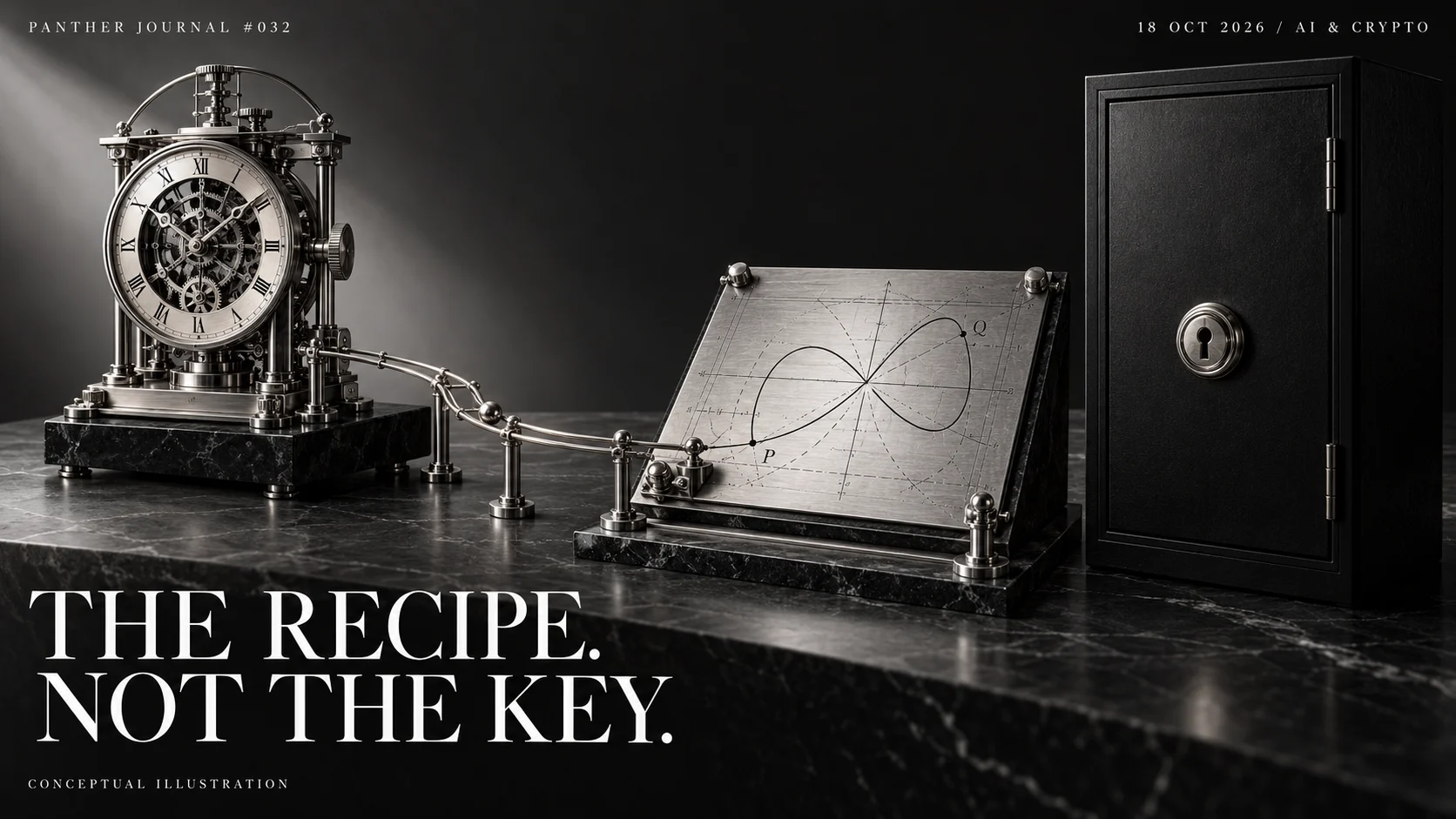 Panther Journal #032 conceptual monochrome illustration: a mechanical clock connects to an abstract curve drafting plate beside a locked key cabinet. THE RECIPE. NOT THE KEY.
