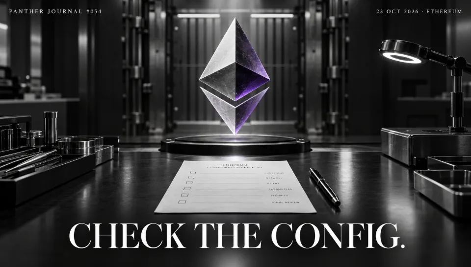 PANTHER JOURNAL #054: conceptual illustration of a purple-accented Ethereum diamond over a configuration checklist at a closed testing gate. Text: CHECK THE CONFIG.
