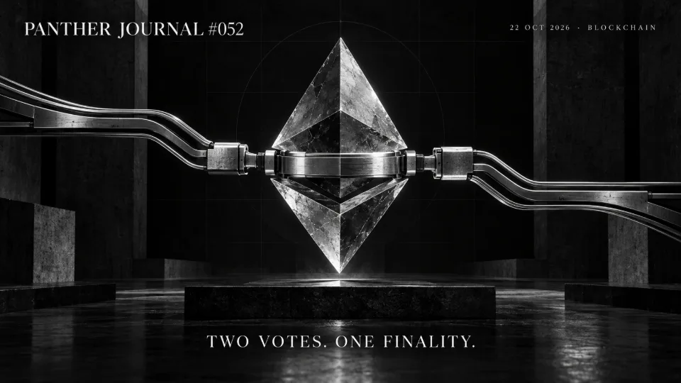 Panther Journal #052 conceptual monochrome illustration: two voting rails converge on a sealed Ethereum-inspired block. TWO VOTES. ONE FINALITY.