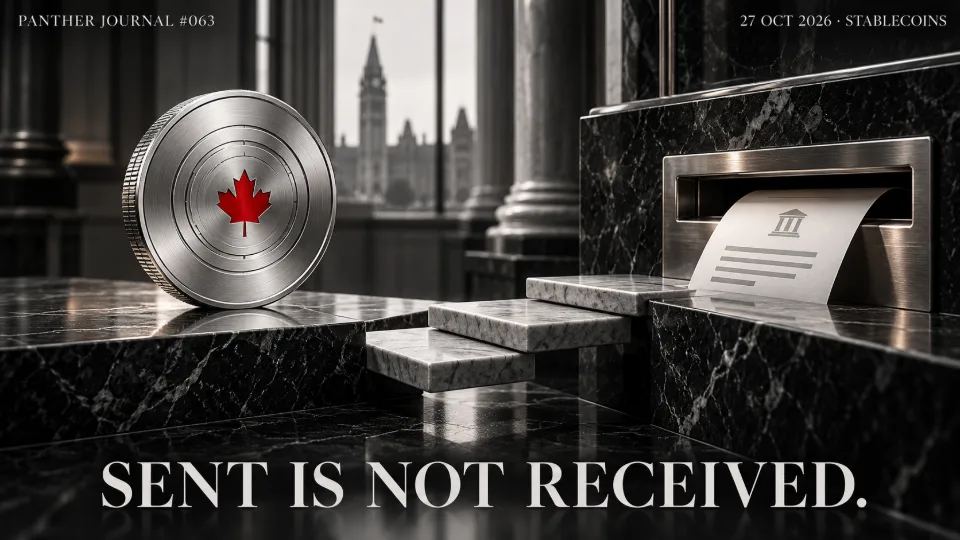PANTHER JOURNAL #063: conceptual illustration of a silver coin with red maple leaf beside a bank transfer receipt and steps. SENT IS NOT RECEIVED.